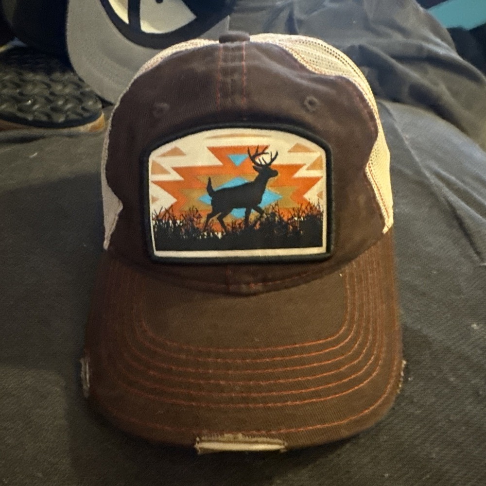Outdoor Cap Brand Trucker Hat Buck w/ Tribal Background Brown,Cream Color Deer